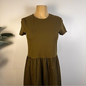 Divided H&M Olive Green Tank Dress Sz M Mixed Media Midi T-shirt Short Sleeves